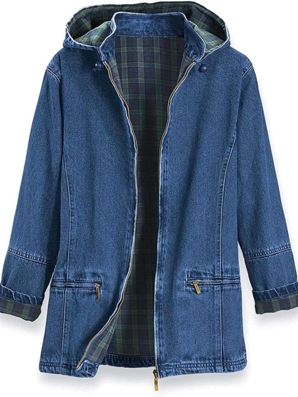 Cozy Flannel Lined Denim Jacket with Detachable Hood, Zip Front & Pockets, 100%
